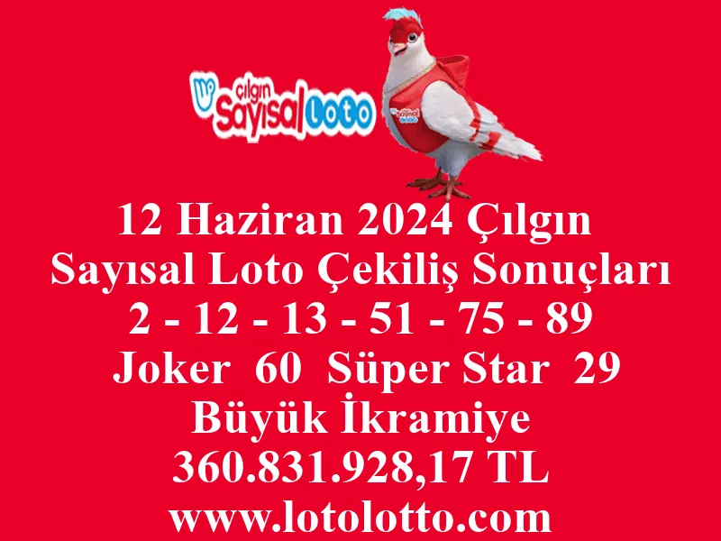 12 Haziran 2024 Çılgın Sayısal Loto Çekiliş Sonuçları