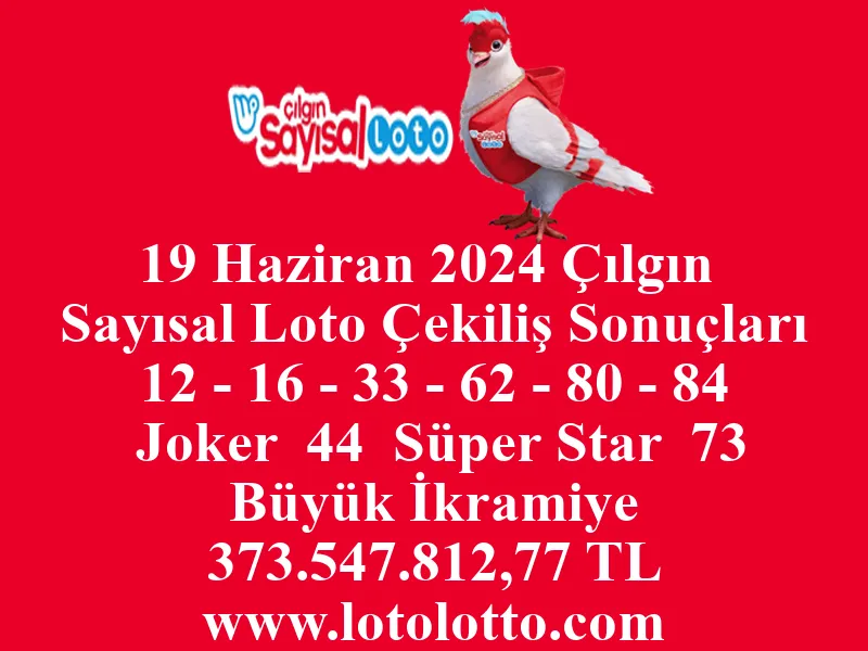 19 Haziran 2024 Çılgın Sayısal Loto Çekiliş Sonuçları