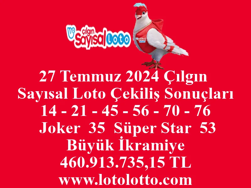 27 Temmuz 2024 Çılgın Sayısal Loto Çekiliş Sonuçları