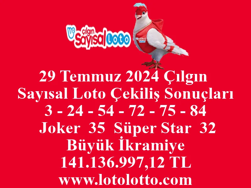 29 Temmuz 2024 Çılgın Sayısal Loto Çekiliş Sonuçları