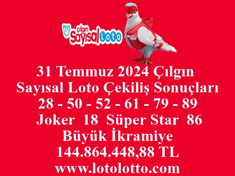 31 Temmuz 2024 Çılgın Sayısal Loto Çekiliş Sonuçları