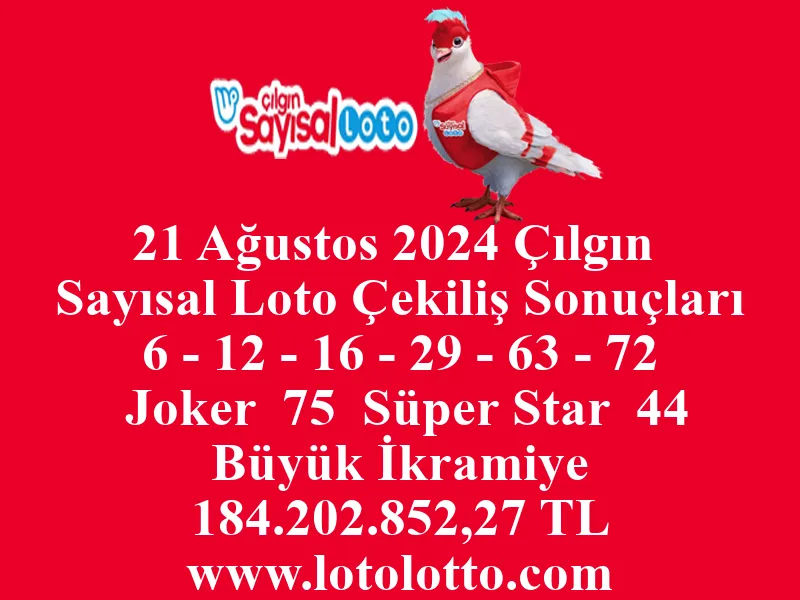 21 Ağustos 2024 Çılgın Sayısal Loto Çekiliş Sonuçları