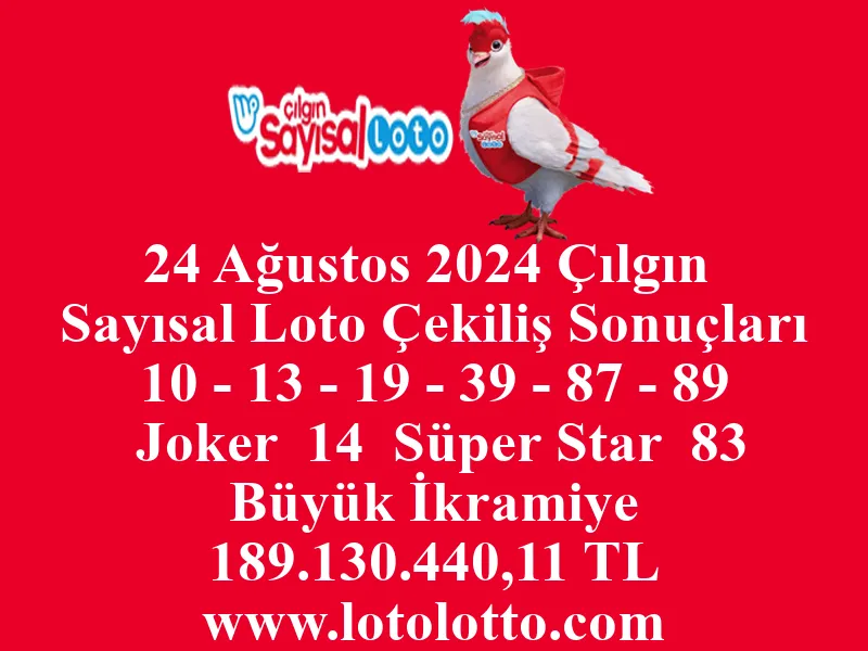 24 Ağustos 2024 Çılgın Sayısal Loto Çekiliş Sonuçları