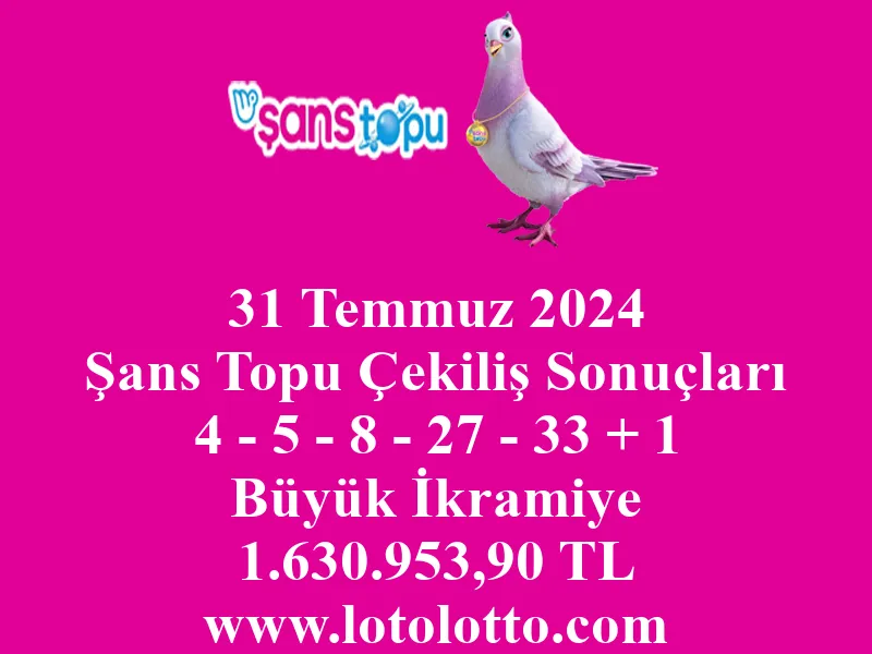 31 Temmuz 2024 Şans Topu Çekiliş Sonuçları