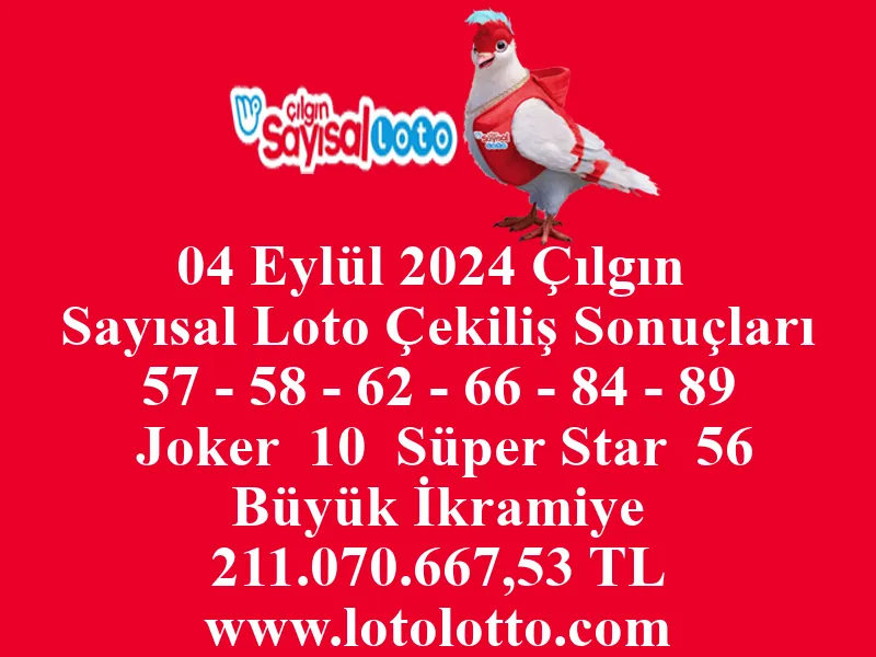 04 Eylül 2024 Çılgın Sayısal Loto Çekiliş Sonuçları