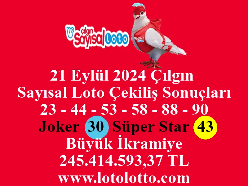 21 Eylül 2024 Çılgın Sayısal Loto Çekiliş Sonuçları