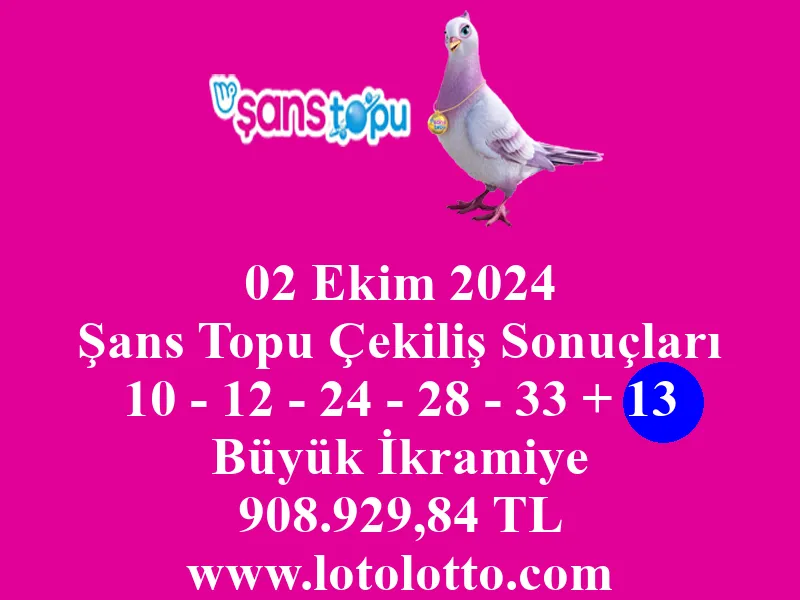 02 Ekim 2024 Şans Topu Çekiliş Sonuçları