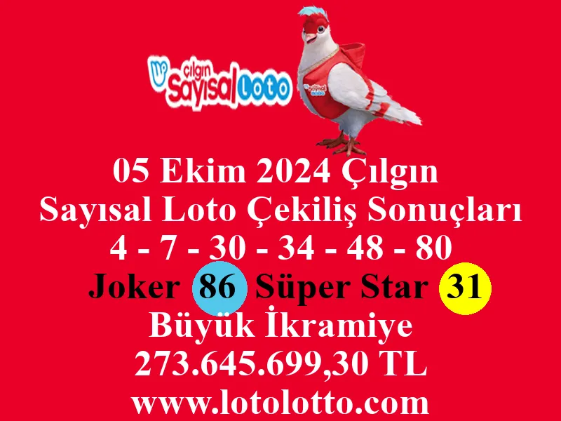 05 Ekim 2024 Çılgın Sayısal Loto Çekiliş Sonuçları