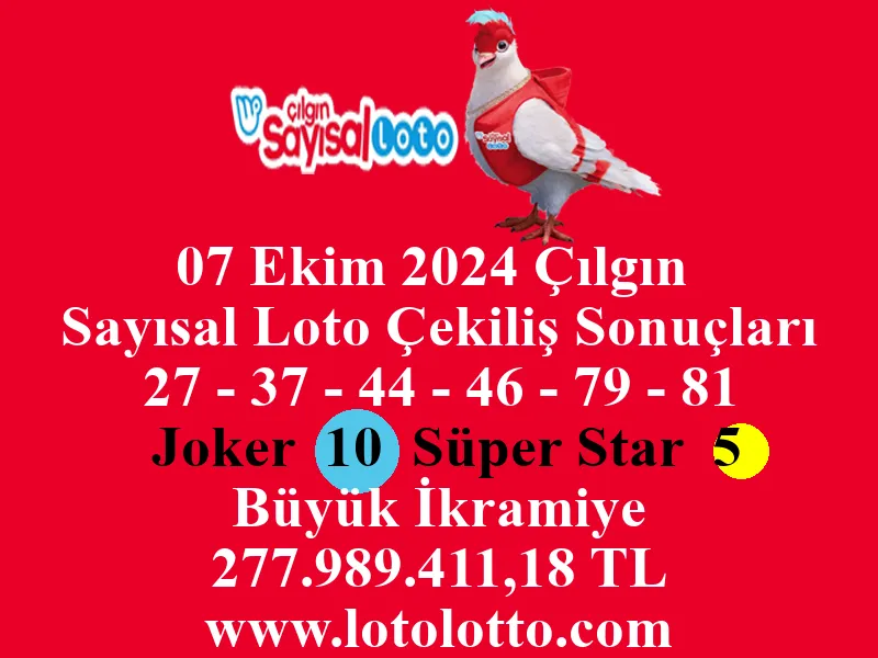 Sayısal Loto 07 Ekim 2024 Çekiliş Sonuçları