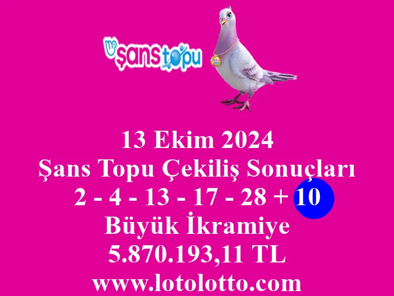 13 Ekim 2024 Şans Topu Çekiliş Sonuçları