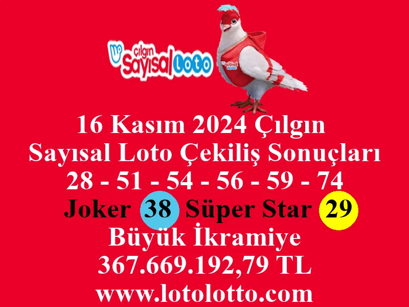 Sayısal Loto 16 Kasım 2024 Çekiliş Sonuçları